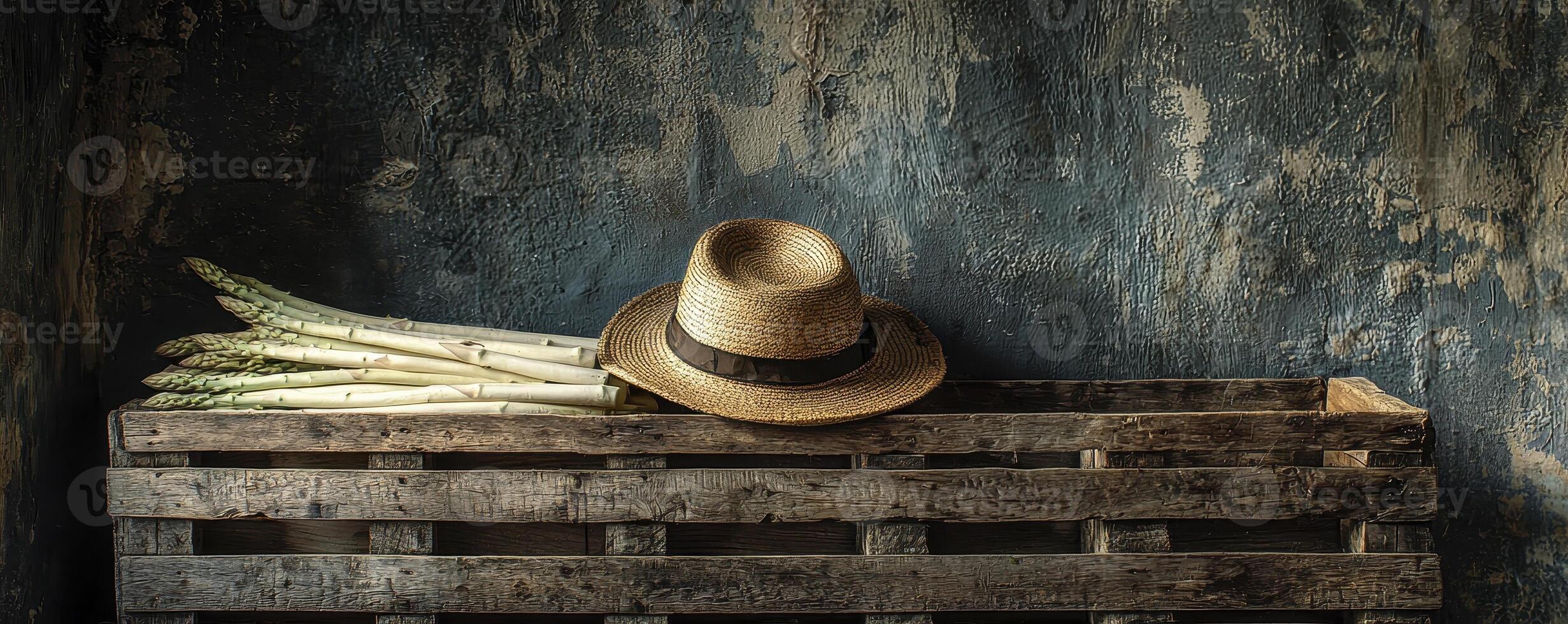 Rustic Still Life with Fedora Hat and Wheat Stalks on Wooden Crate Against Textured Wall, a vintage style and evocative imagery for backgrounds, product displays, artistic projects, and digital photo