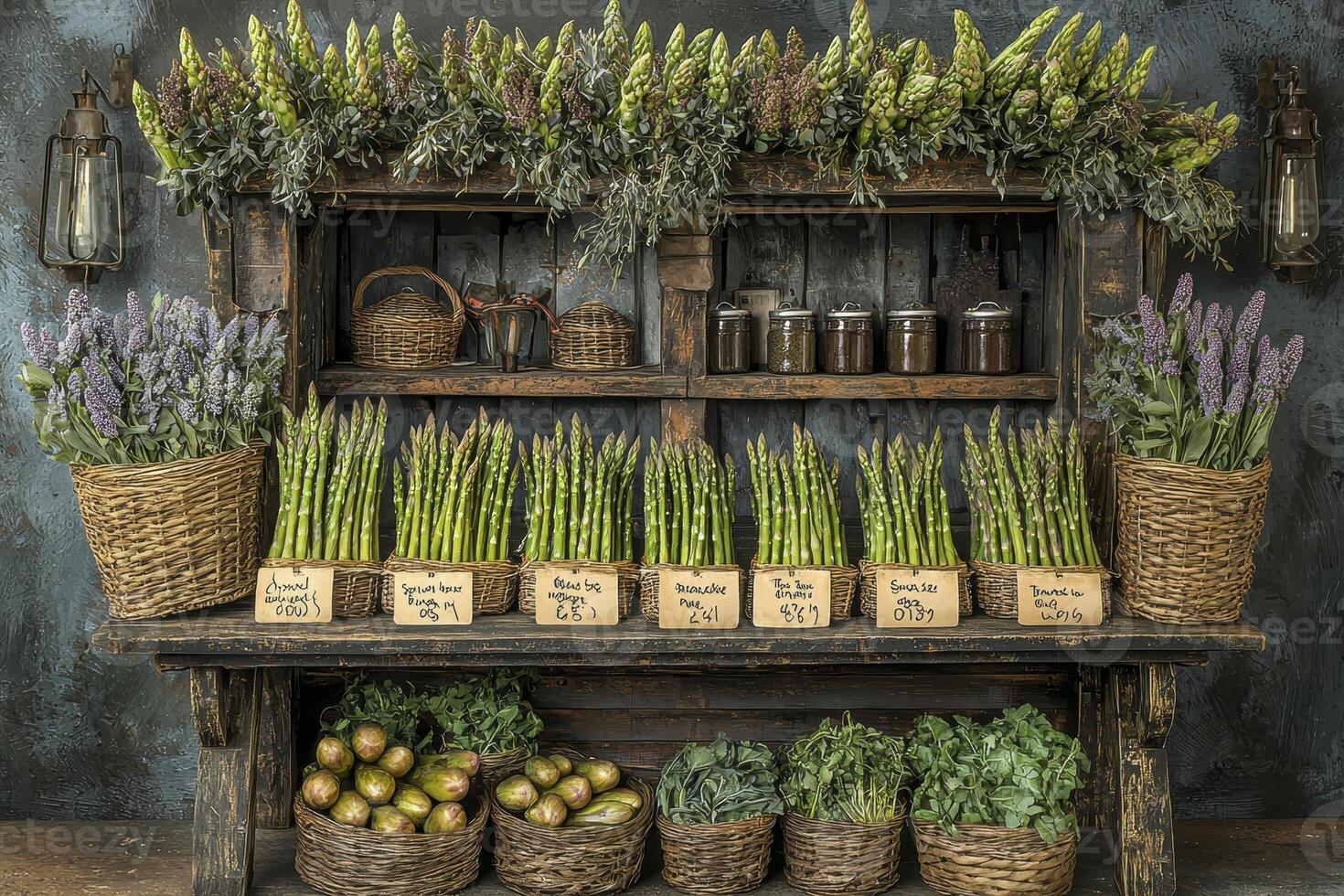 Rustic Vegetable Stand Still Life, a charming display of fresh produce, featuring green asparagus, leafy greens, and vibrant arrangements in wicker baskets, all bathed in soft, natural light An photo