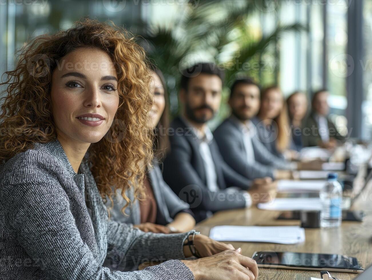 Successful Business Team Meeting Collaborative Professionals in a Modern Office Setting Focused on Teamwork and Leadership, the Diverse Group Engages in Strategic Planning, Idea Sharing, and Problem photo