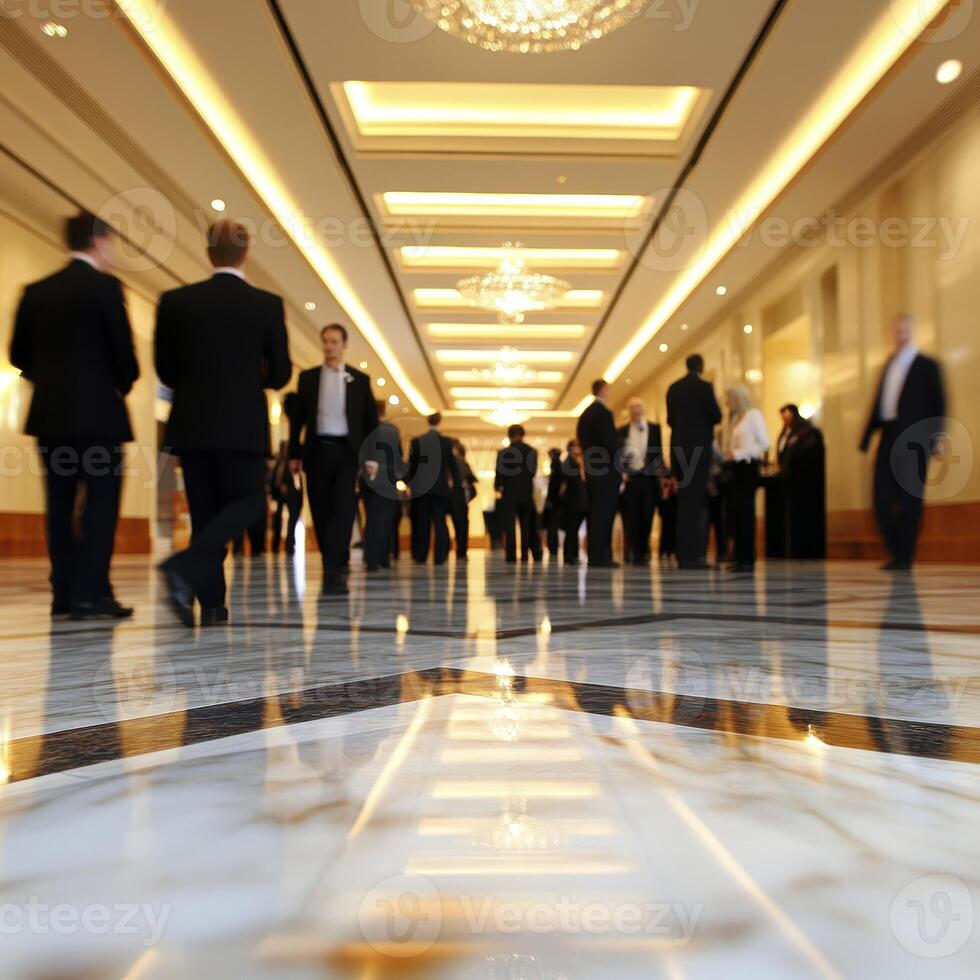 A blurred background depicts a corporate event with attendees moving through a brightly lit hallway The high-end architecture, featuring marble flooring, is reflected by the light enhancing the photo