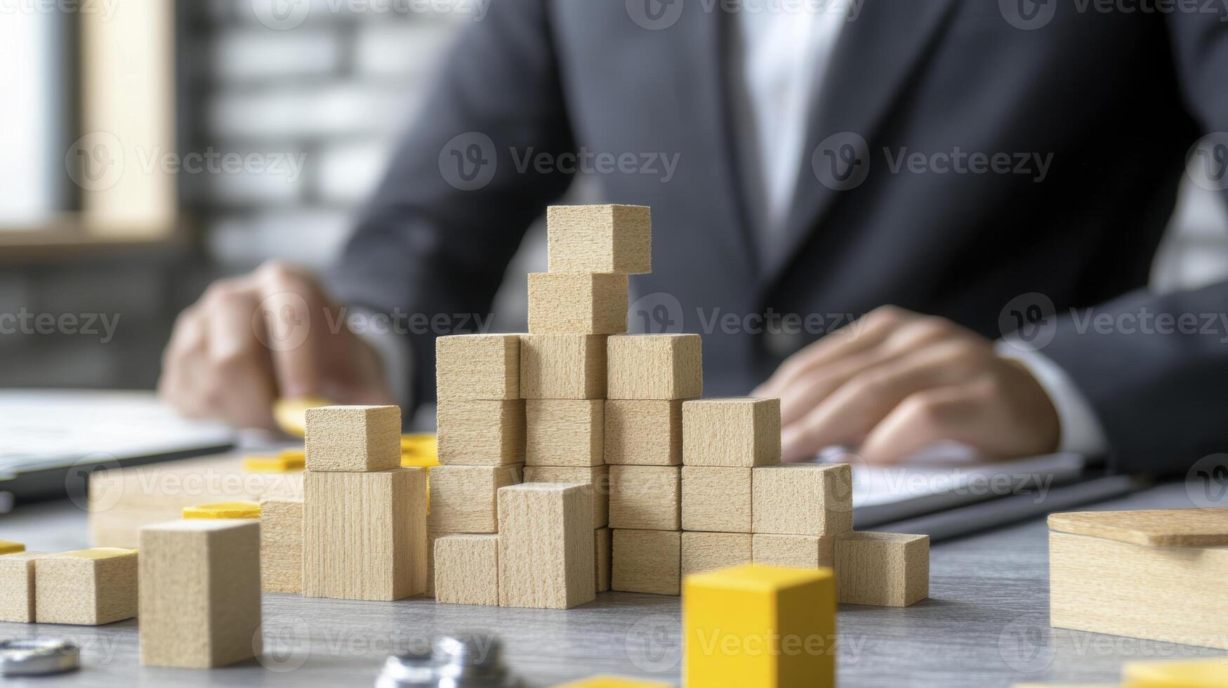 A businessman carefully constructs a tower of wooden blocks, symbolizing business growth and strategic planning The arrangement requires precision and a steady hand, reflecting the meticulous photo