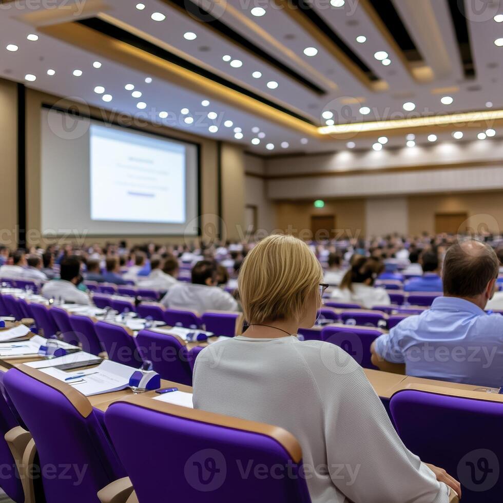 A bustling corporate seminar unfolds, its blurred background hinting at a large and attentive audience focused intently on the speaker or presentation The composition suggests a moment of shared photo