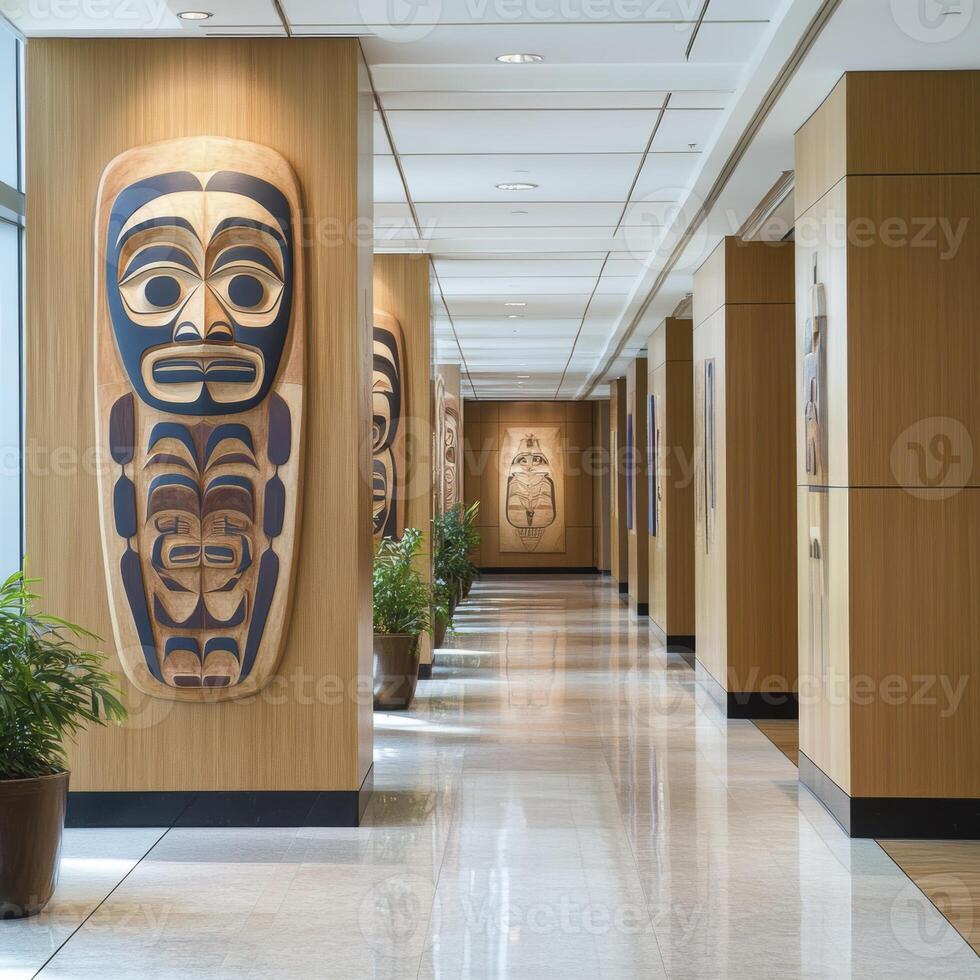 A corporate hallway presents a fusion of modern architecture and indigenous art Wooden wall panels create a warm backdrop, highlighting intricately carved native masks that embody the local heritage photo
