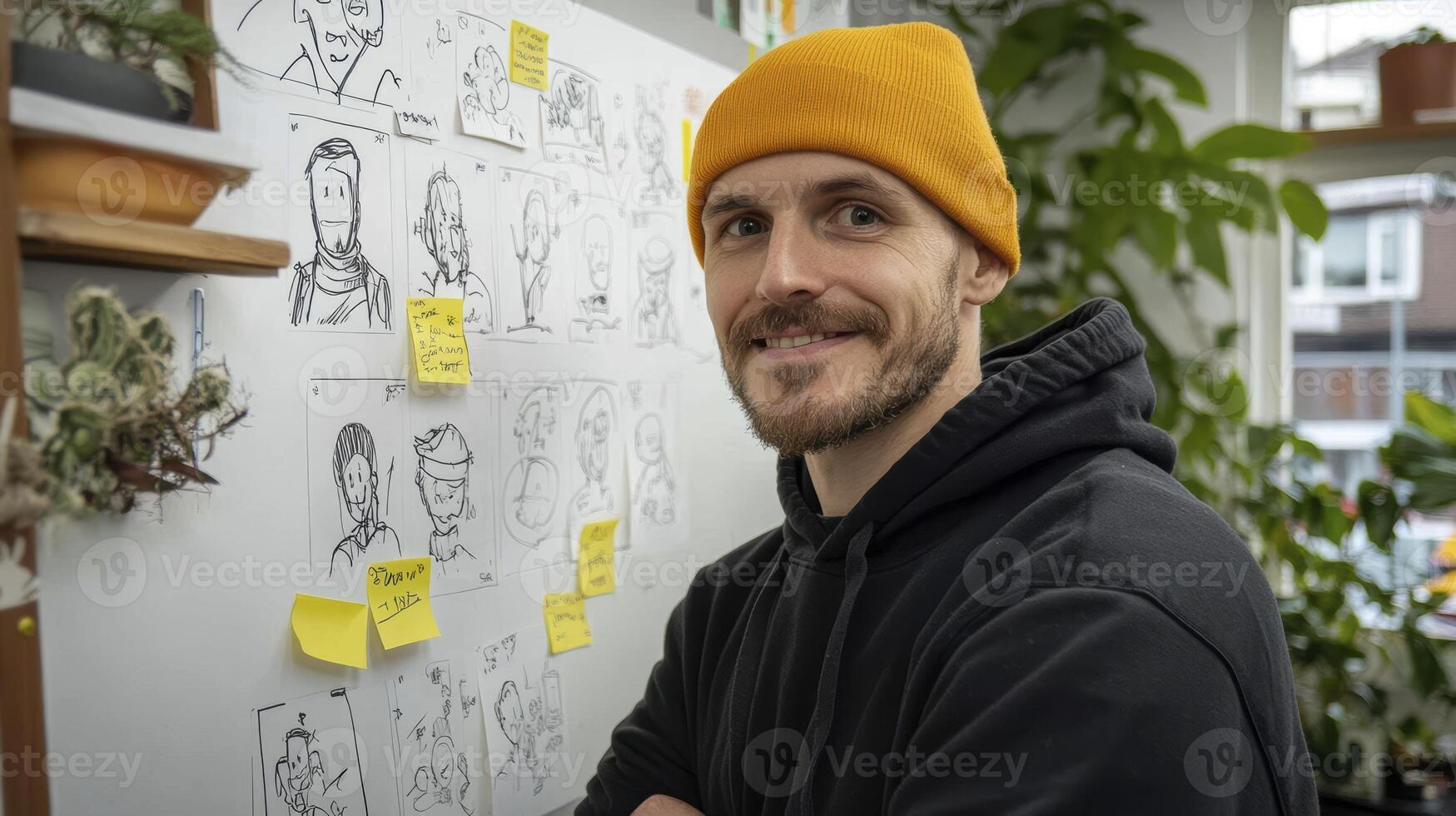 A corporate storyteller stands proudly before a whiteboard showcasing character sketches, their features diverse and expressive Adorned in a warm yellow beanie, they exude creativity and passion The photo