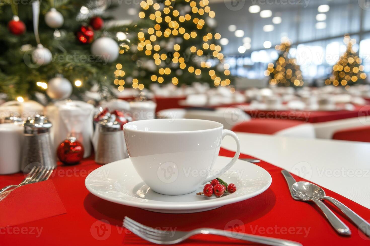 A festive corporate holiday luncheon is being beautifully set up with attention to every detail creating a delightful atmosphere for the attendees The bright white tableware contrasts elegantly photo