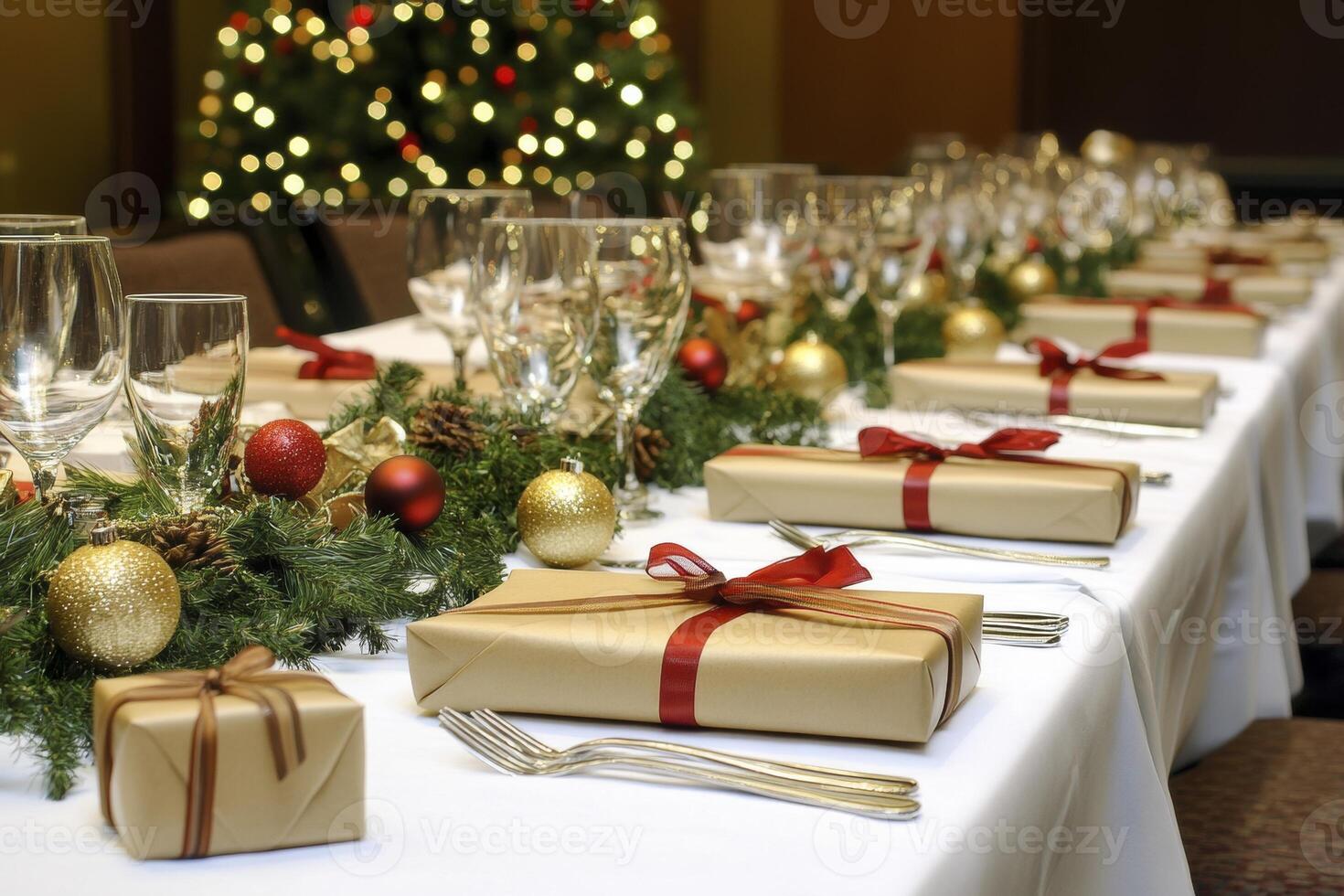 A festive corporate holiday luncheon is set elegantly with long tables, covered in white linens Glasses shimmer beside silverware, flanking wrapped gifts A garland of pine needles and ornaments runs photo