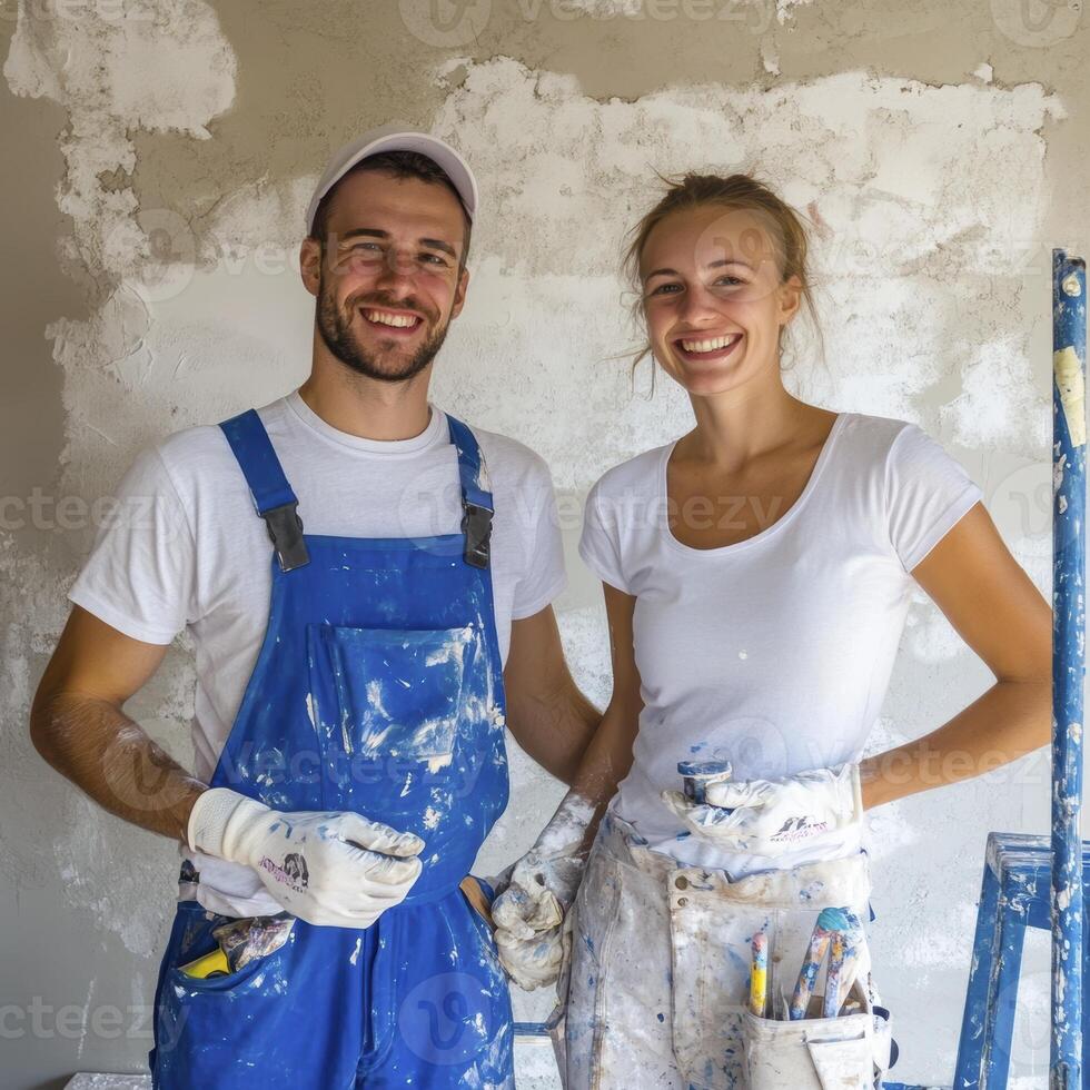 A joyous couple stands proudly before a freshly painted wall, splattered with vibrant colors, their smiles radiating pure happiness Their collaborative effort is evident in the streaks of paint on photo