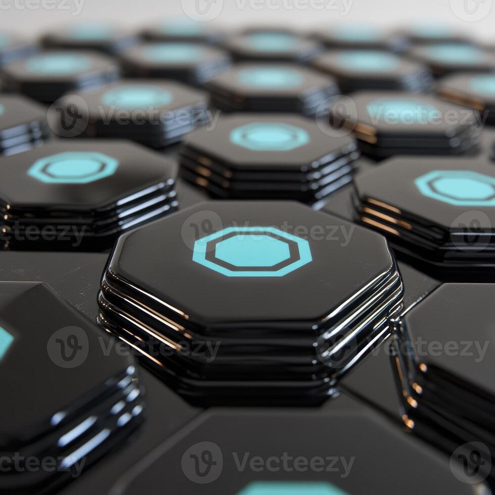 A photograph displays an array of black hexagonal tiles, each adorned with a central, blue symbol, resembling a futuristic interface, potentially representing corporate identities or technological photo
