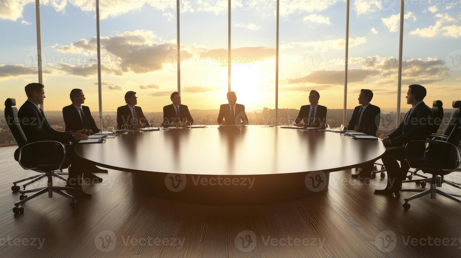 A sophisticated corporate boardroom bathed in the warm glow of the setting sun, where leadership converges to strategize and forge pathways to success The oval table, a symbol of unity and photo