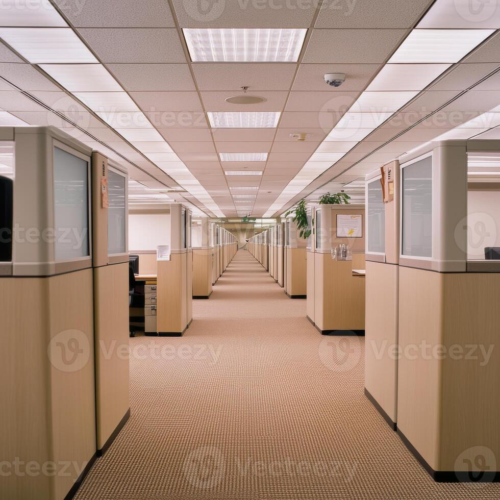 A seemingly endless corporate office unfolds before us, a symmetrical arrangement of cubicles stretching into the distance Each workspace, identical to the next, contributes to the overall sense of photo