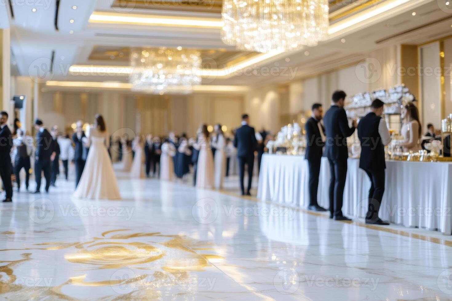A sophisticated corporate event unfolds, its elegance captured through a deliberate blur, emphasizing ambiance over sharp detail Guests mingle, their forms softened into abstract shapes against the photo