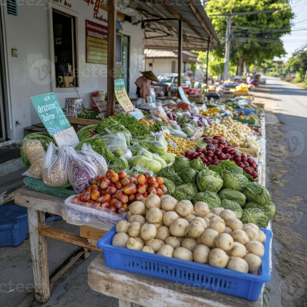 A vibrant tapestry unfolds in this Thai countryside market, where fresh produce from local farms beckons Tables laden with ripe tomatoes, crisp lettuce, and golden potatoes create an inviting scene A photo