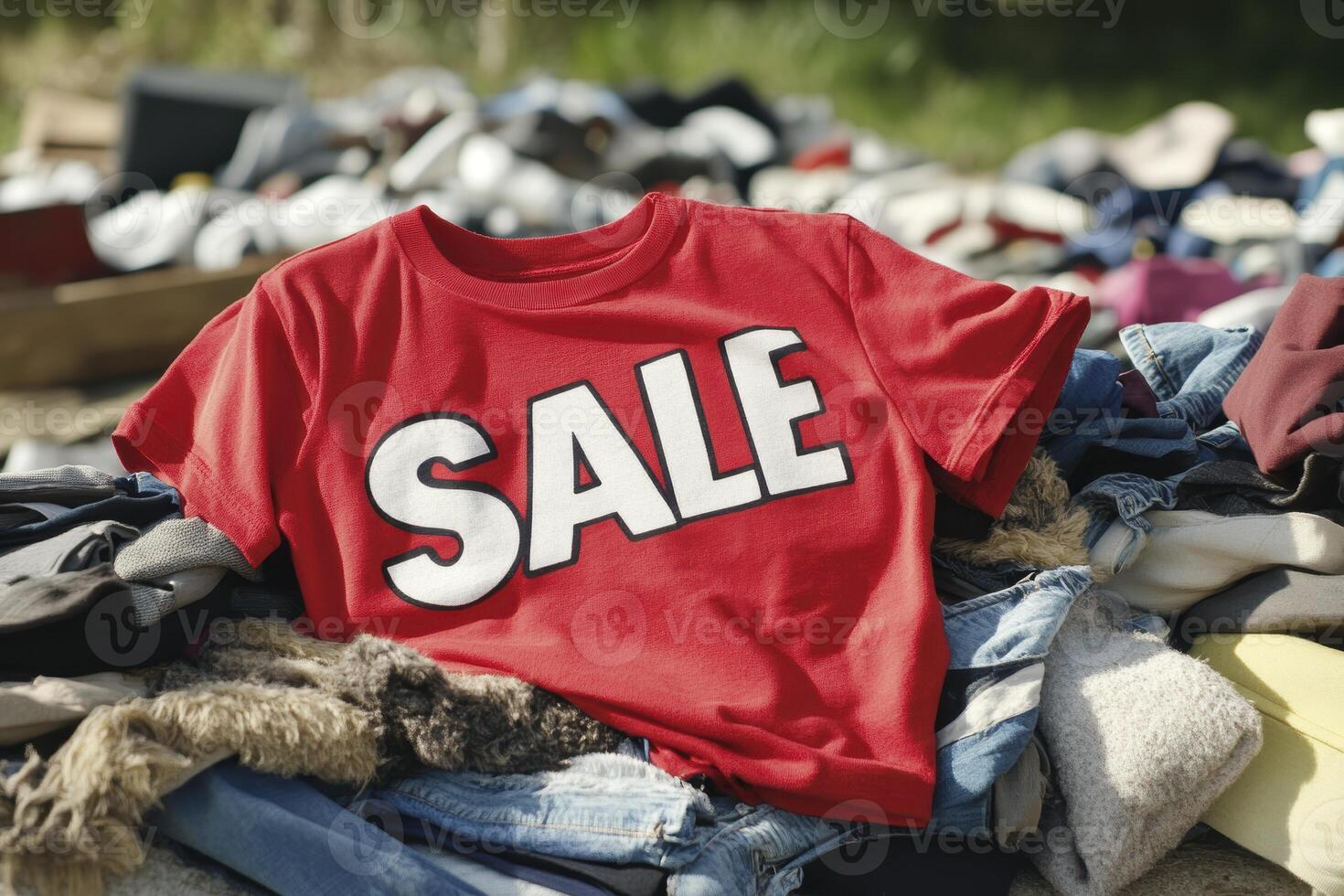 Amidst a jumbled assortment of textiles, a vibrant red t-shirt boldly proclaiming SALE grabs the eye A chaotic scene unfolds, where garments of diverse textures, colors, and patterns converge into a photo