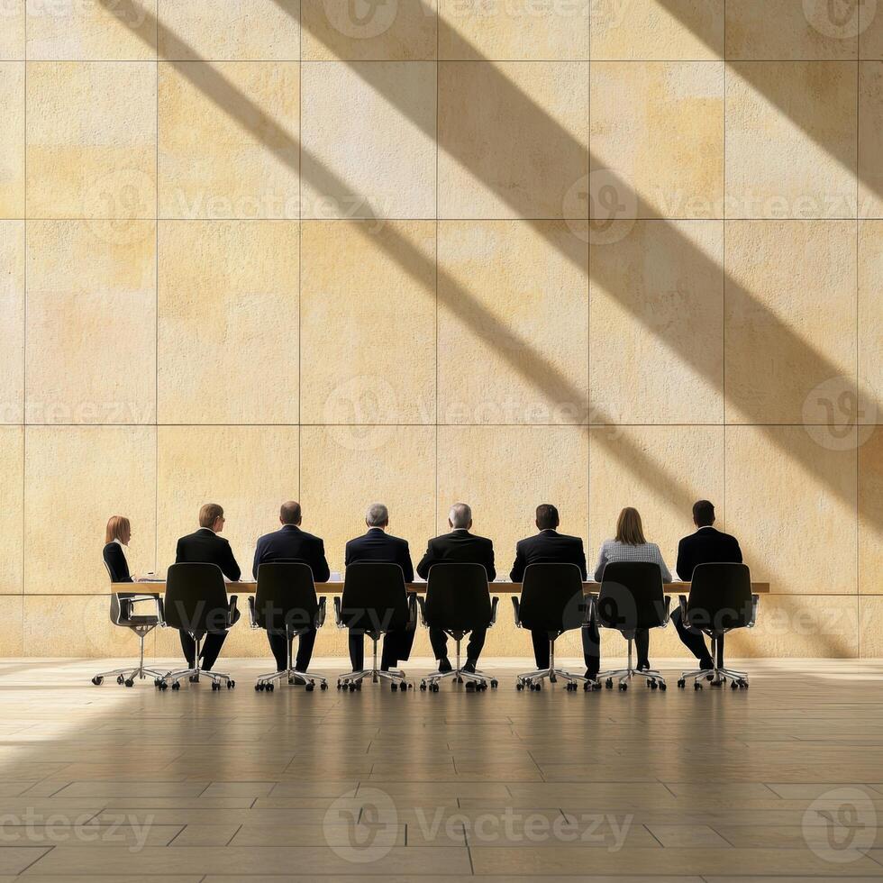 Amidst an elegant conference room, bathed in soft light, opulent white chairs, adorned with gold accents, encircle a pristine oval table A sanctuary for strategic discussion, business professionals photo