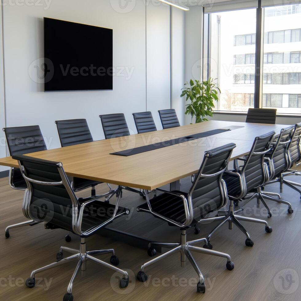 An executive boardroom unfolds, bathed in natural light streaming through expansive windows, showcasing a modern office interior crafted for strategic decision-making Sleek black chairs encircle a photo
