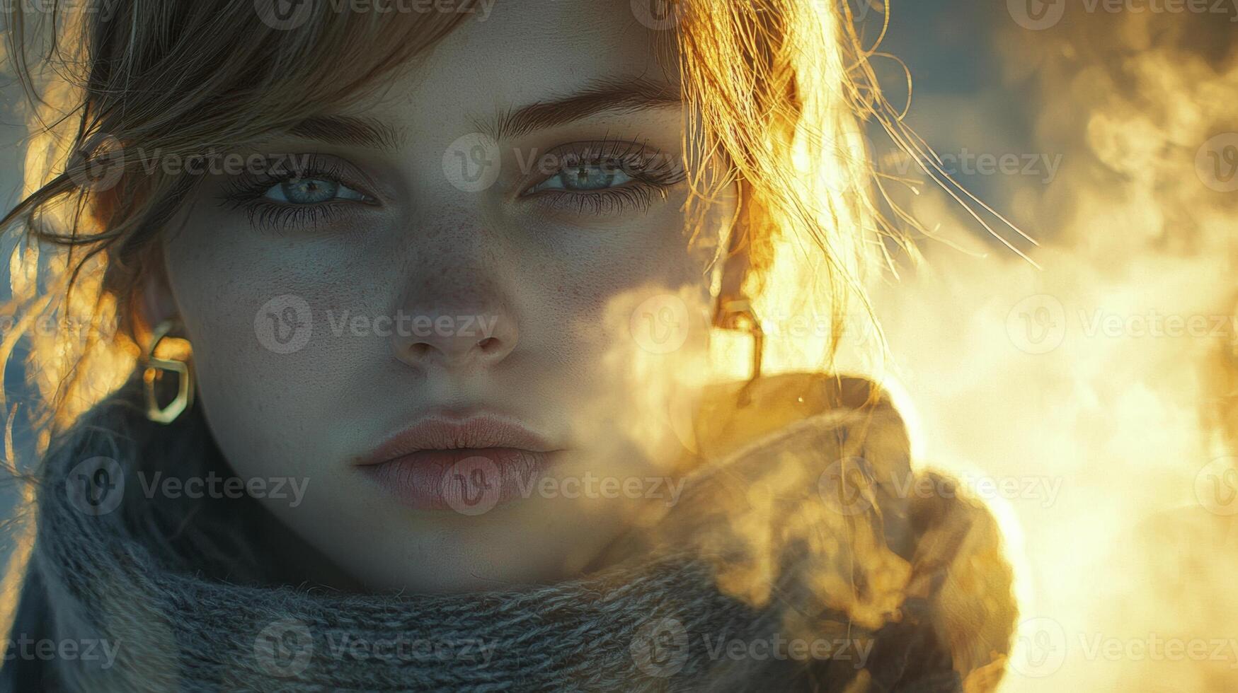 A captivating headshot showcases a young woman's serene beauty, framed with minimalist elegance Delicate gold earrings subtly adorn her ears, catching the light with a gentle shimmer The composition photo