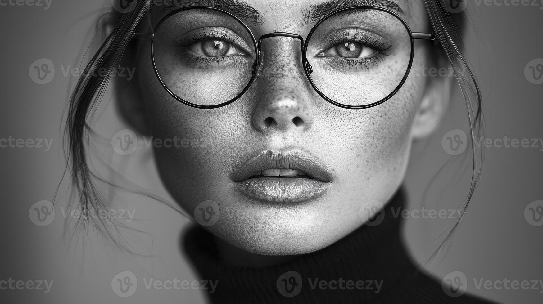 A captivating monochrome portrait unveils a woman's refined elegance Her piercing gaze, framed by chic cat-eye glasses, exudes confidence The clean composition accentuates her flawless skin and photo
