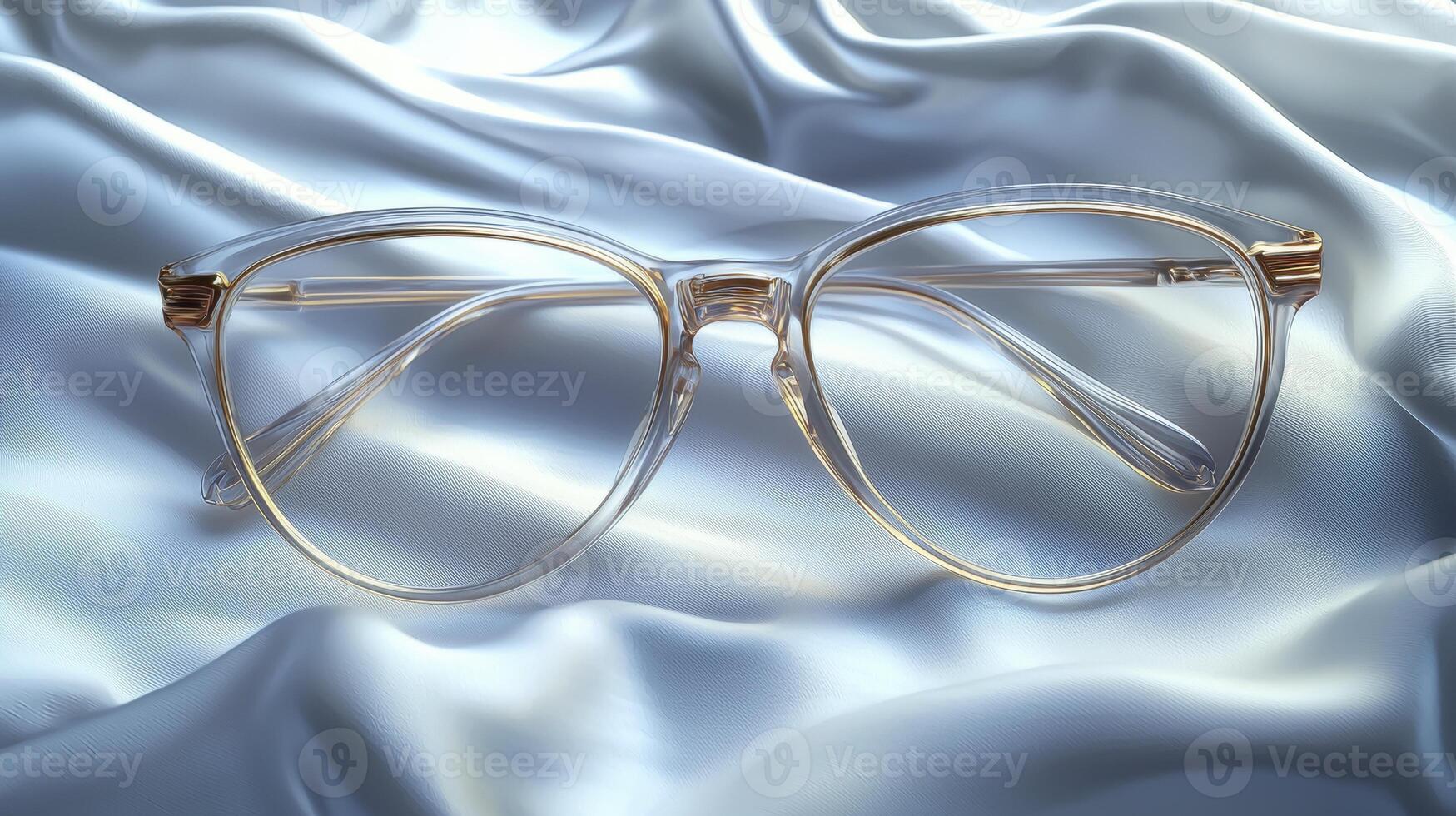 A composition of clarity and light unfolds, revealing gold-rimmed glasses gracefully perched upon an immaculate white surface The scene evokes simplicity and elegance, enhanced by the subtle photo