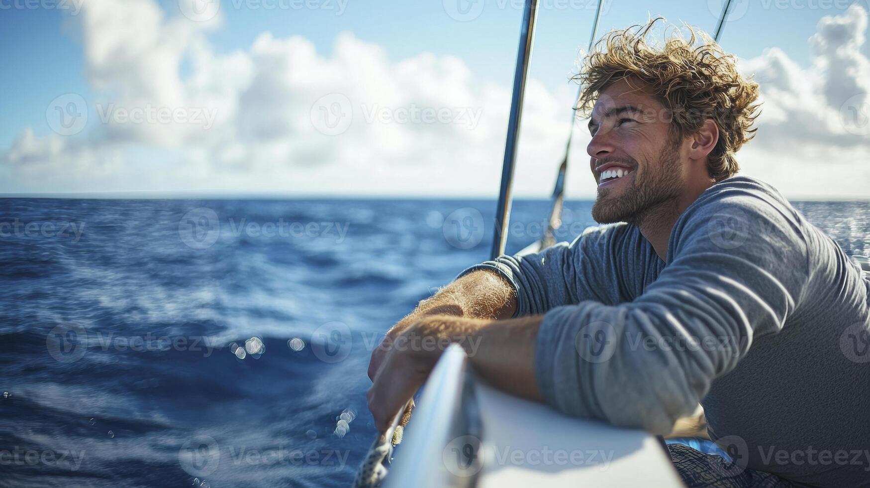 A joyful traveler embraces the freedom of the open sea on a sailboat, leaning against the railing with a bright, contagious smile The endless blue horizon stretches out before them, a canvas of photo