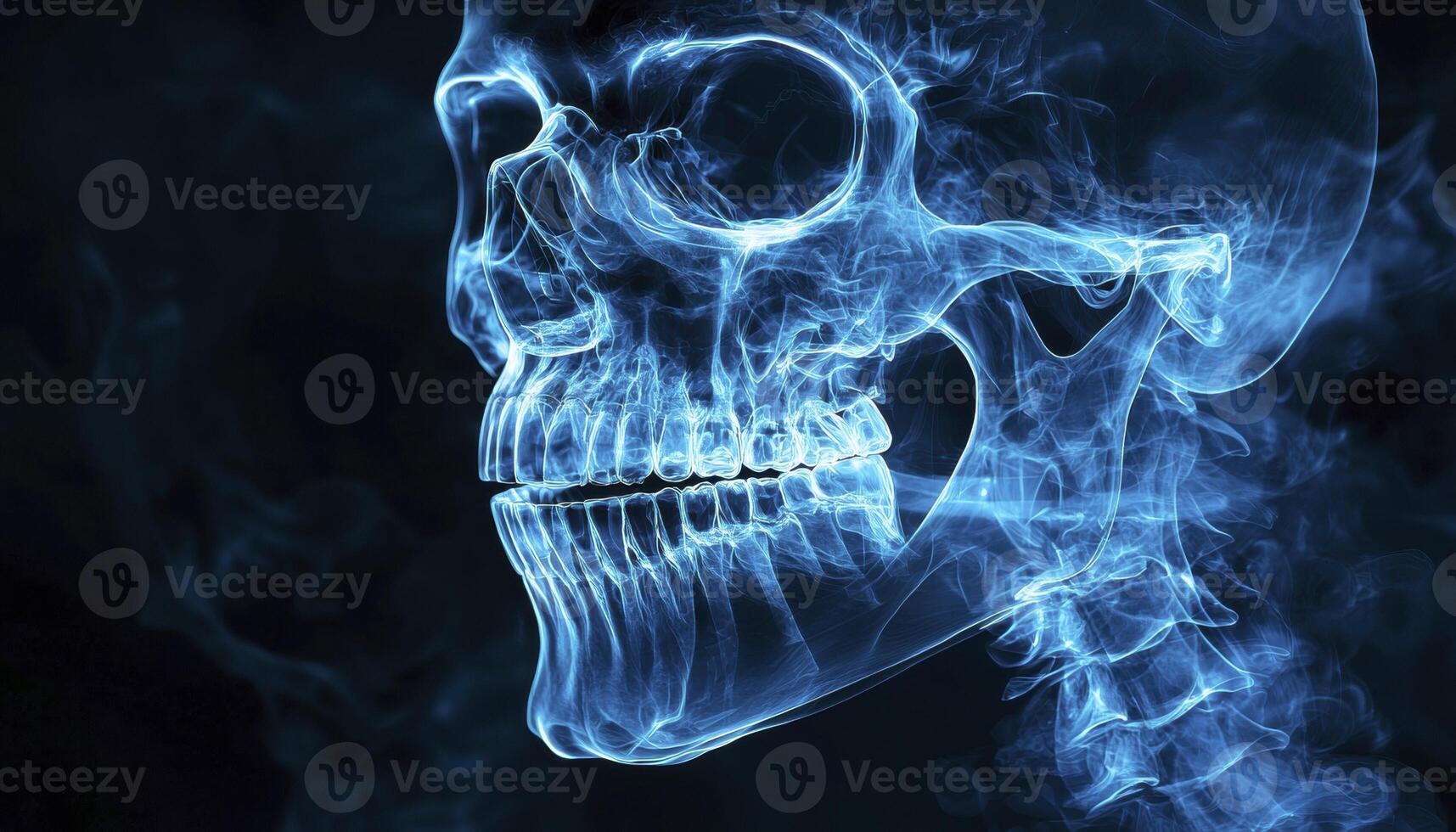 A mesmerizing depiction of a skull emerges from the depths, rendered with a spectral, ethereal glow The contours of the cranium, the delicate structure of the jaw, and the intricate details of the photo