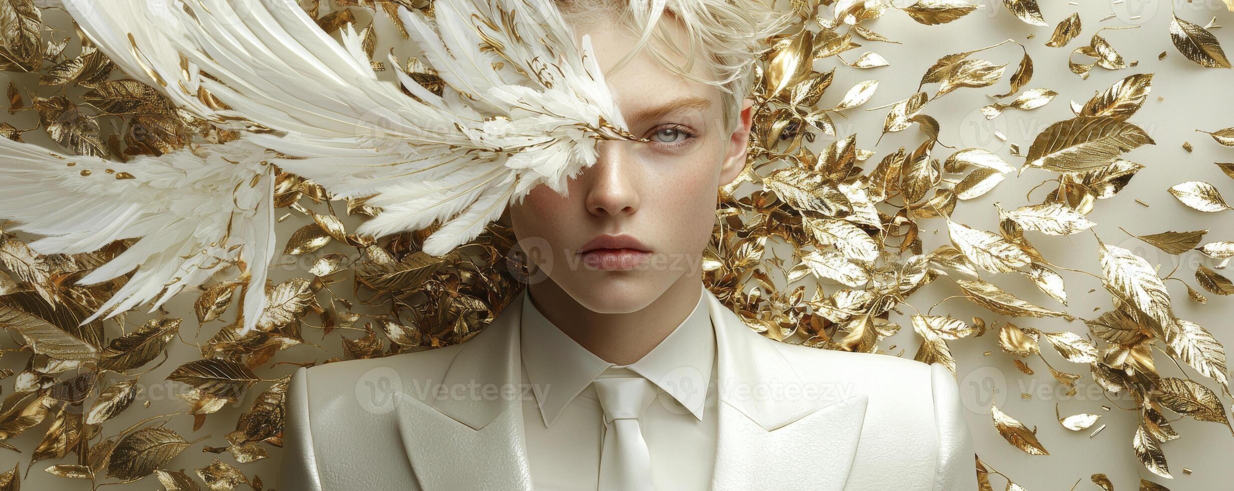 An androgynous male model stands elegantly adorned in minimalistic white attire, embodying a sleek and modern aesthetic, the crisp white complementing his poised demeanor Delicate gold accessories photo