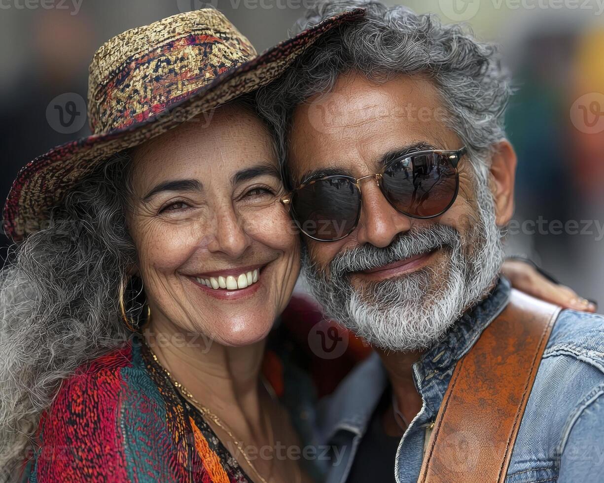 An elderly couple exudes happiness at an outdoor music festival, their faces beaming with joy They dance together, their movements reflecting a shared history of love and laughter The vibrant photo