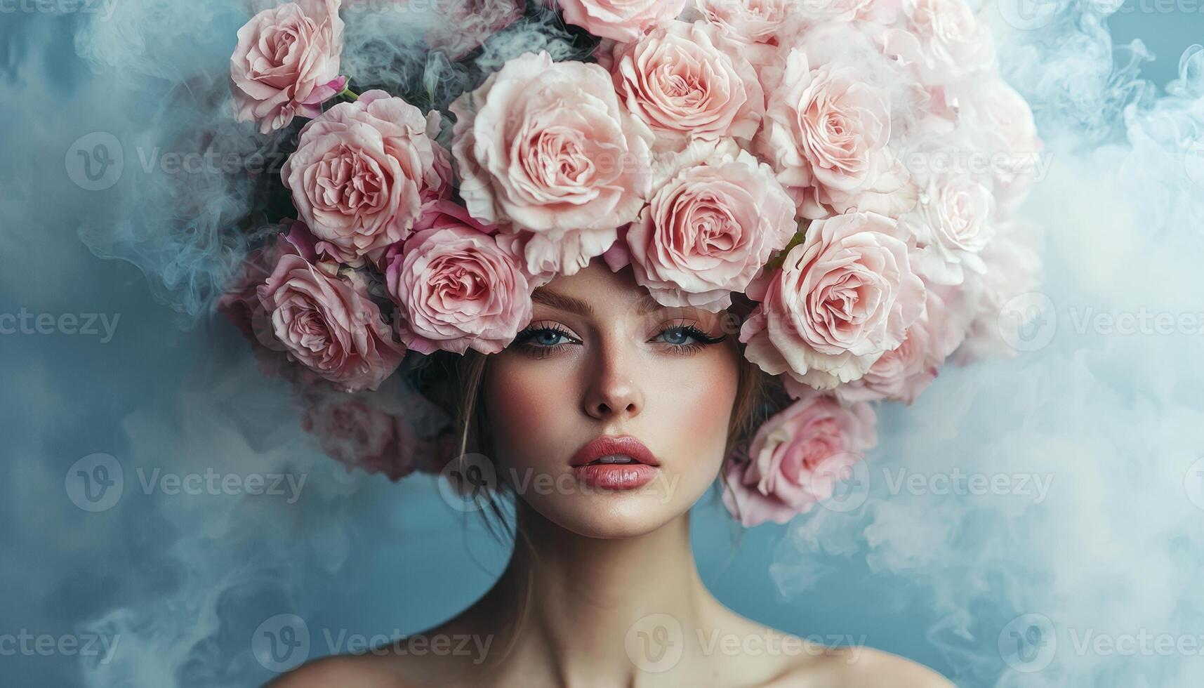 An ethereal portrait emerges, bathed in the soft glow of surreal colors A woman adorned with a magnificent floral headdress, a symphony of pink roses cascading around her head, exudes an aura of photo