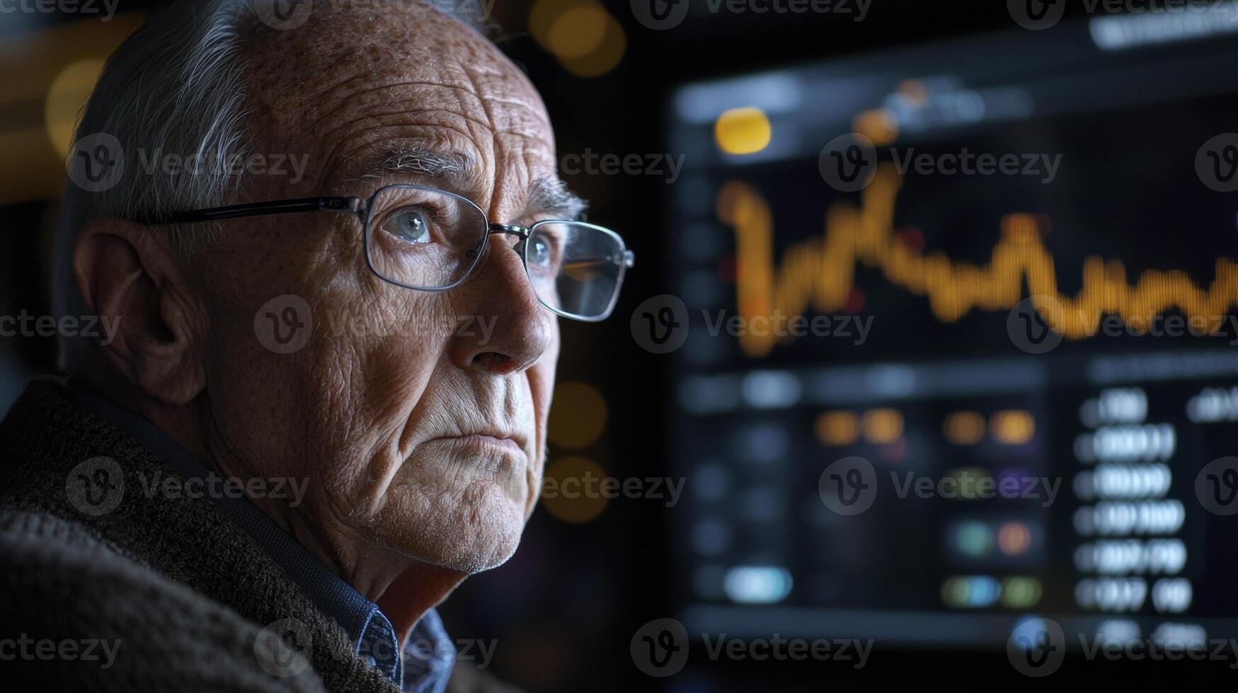 An elderly gentleman, adorned with spectacles, intently observes the dynamic fluctuations of investment growth through the lens of a modern financial application displayed on a computer screen The photo