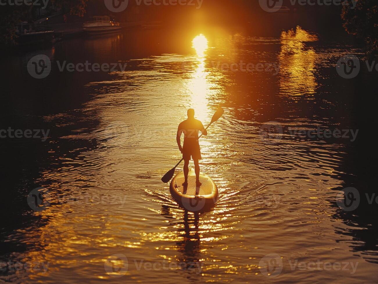 As the sun dips low, painting the sky with fiery hues, a lone paddleboarder glides across the tranquil lake Golden reflections dance on the water's surface, mirroring the vibrant colors above The photo