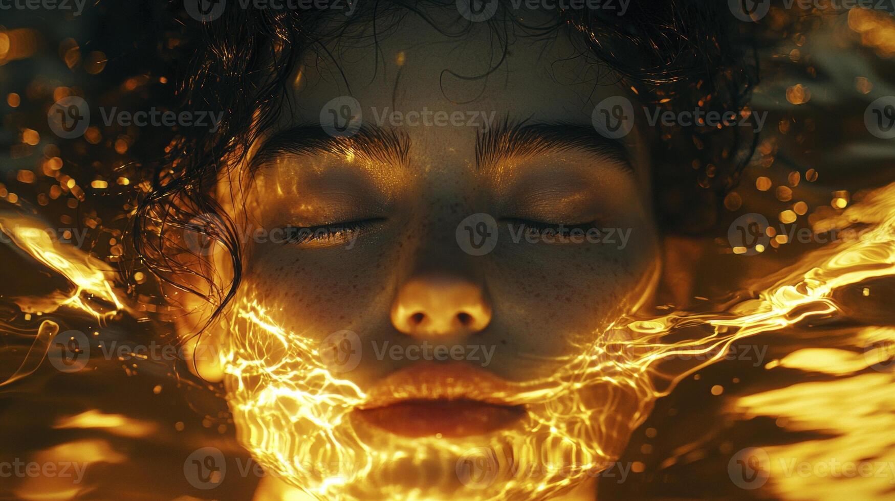 Bathed in ethereal light, a curly-haired woman transcends reality, her face a serene canvas reflecting inner peace and quiet strength The soft bokeh dances around her, a halo of shimmering orbs photo