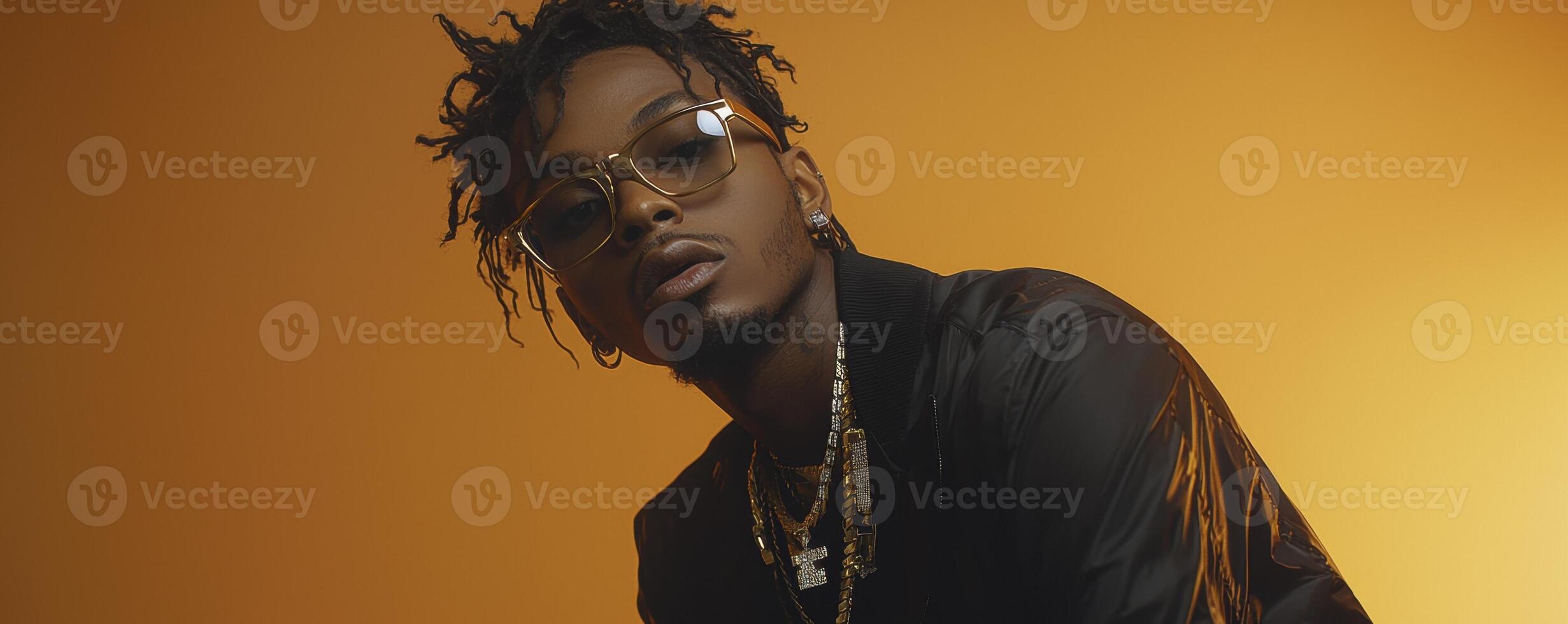 Captivating portrait showcasing a young, modern individual, immersed in a world of artistic expression The subject exudes confidence with gold accessories and stylish glasses, against a calm and photo