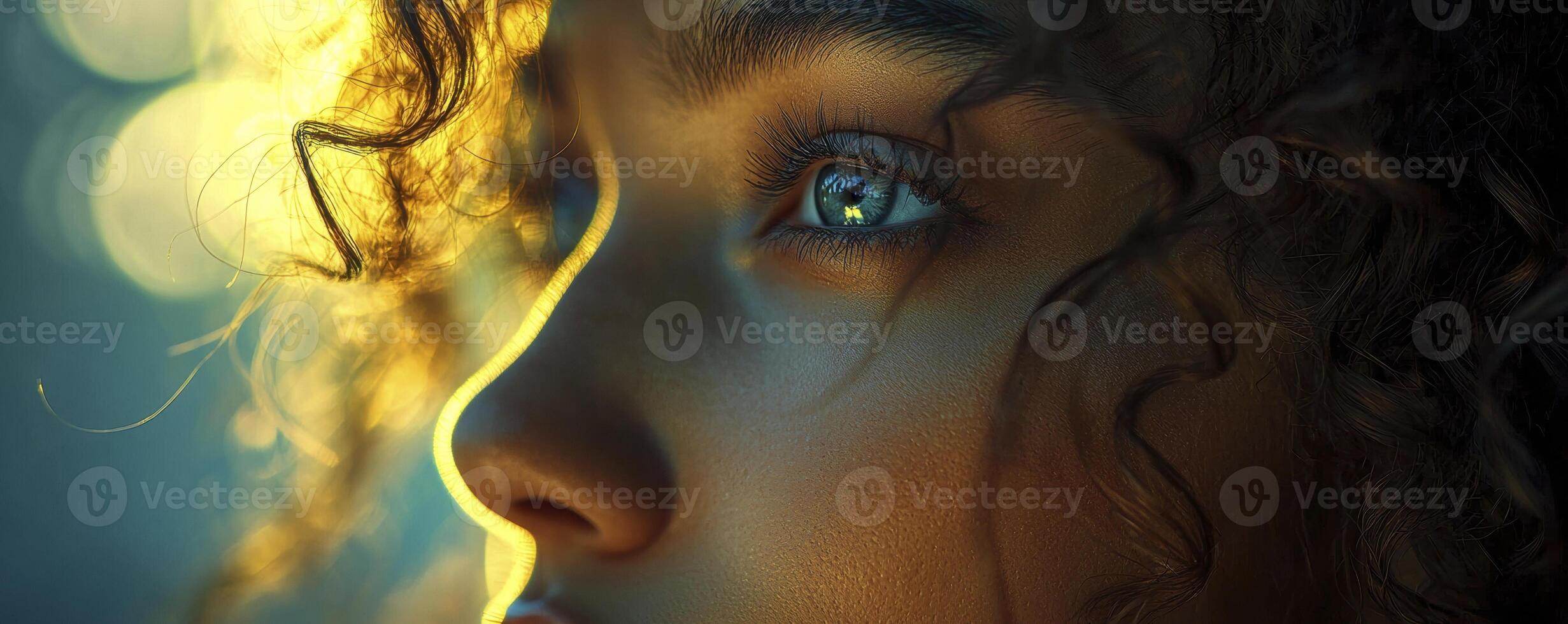 Captured in a mesmerizing close-up, a woman's profile is bathed in ethereal light Her captivating blue eye gazes with a hint of mystery, while her curly hair, a cascade of golden strands, shimmers photo