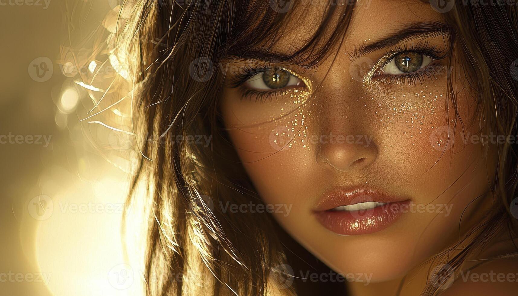 Captured in a mesmerizing headshot, a woman exudes timeless beauty enhanced by delicate gold accents Her gaze, both intense and inviting, draws viewers into a world of sophisticated elegance A warm photo