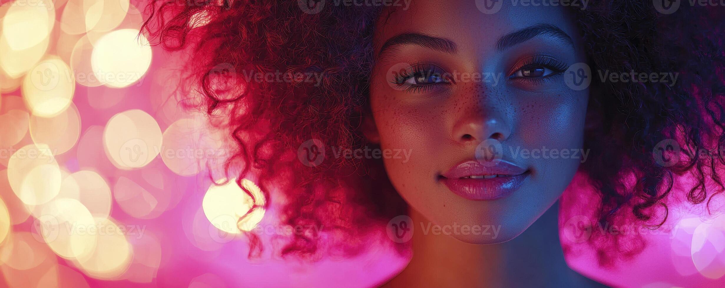 Captured in a radiant glow, a curly-haired woman exudes pure joy Her captivating expression draws you into a world of warmth and happiness, amplified by the shimmering bokeh lights that dance around photo