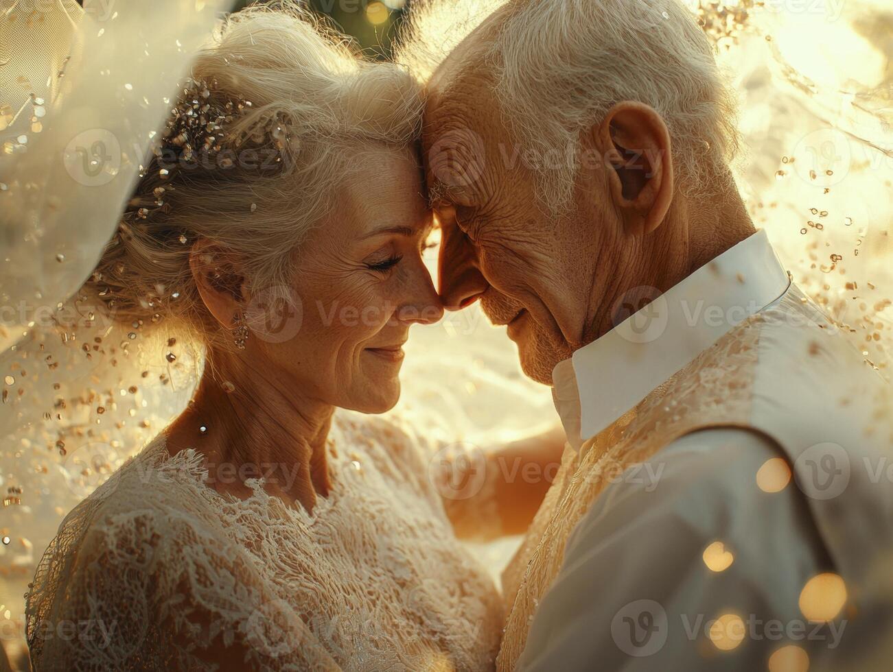 Celebrating a momentous golden wedding anniversary, an elderly couple finds joy in reflecting upon their enduring love story Shared smiles and tender embraces encapsulate a journey of shared dreams photo