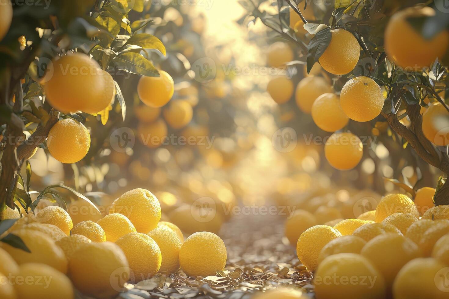 Envision a vibrant, flourishing orchard where nature's bounty meets cutting-edge technology, seamlessly integrated to cultivate a sustainable ecosystem Picture rows upon rows of fruit-laden trees photo