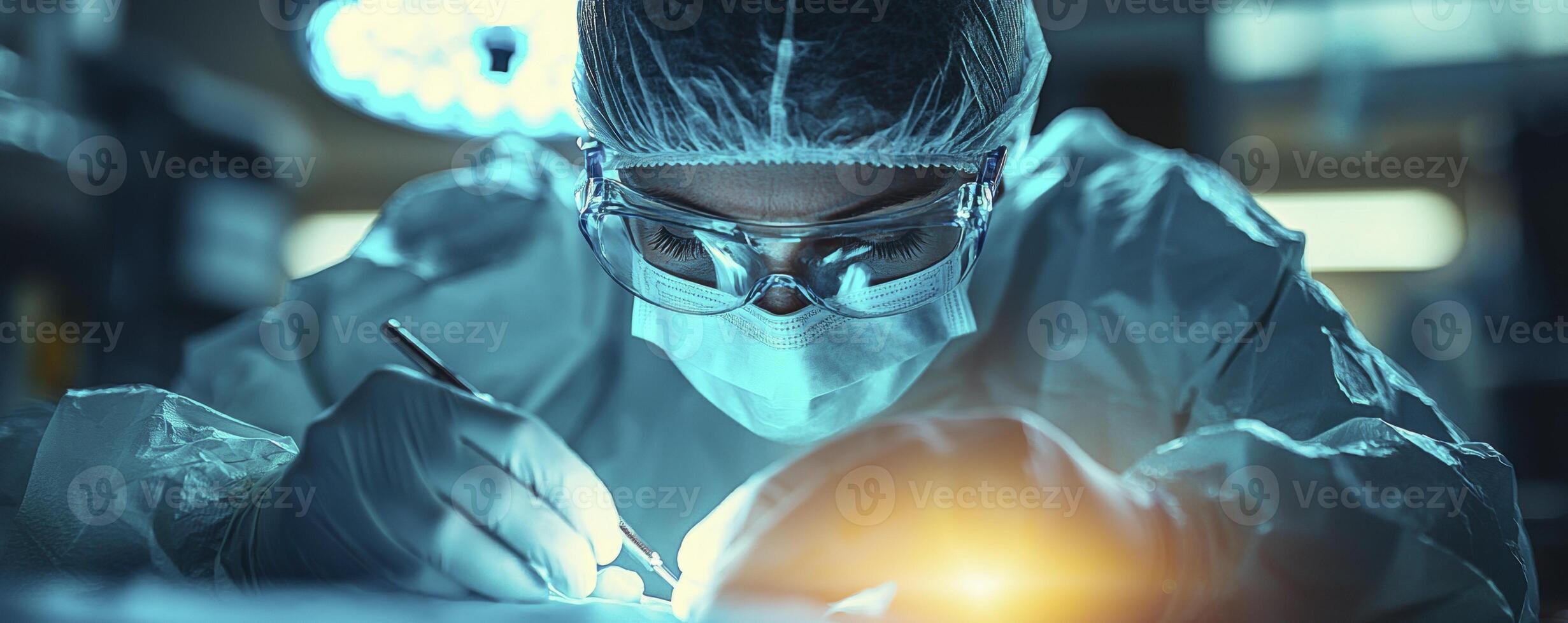 In a bright and sterile operating room, a dedicated surgeon performs delicate surgery, their brow furrowed in concentration Wearing protective surgical attire, the professional uses specialized photo