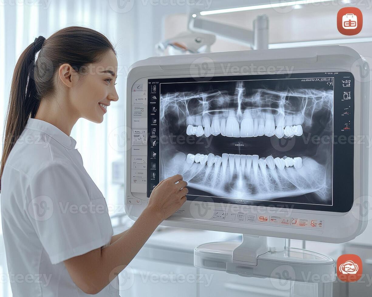 In a brightly lit, modern dental clinic, a knowledgeable dental expert is carefully adjusting a large, high-resolution digital X-ray screen The screen displays a detailed panoramic image of a photo