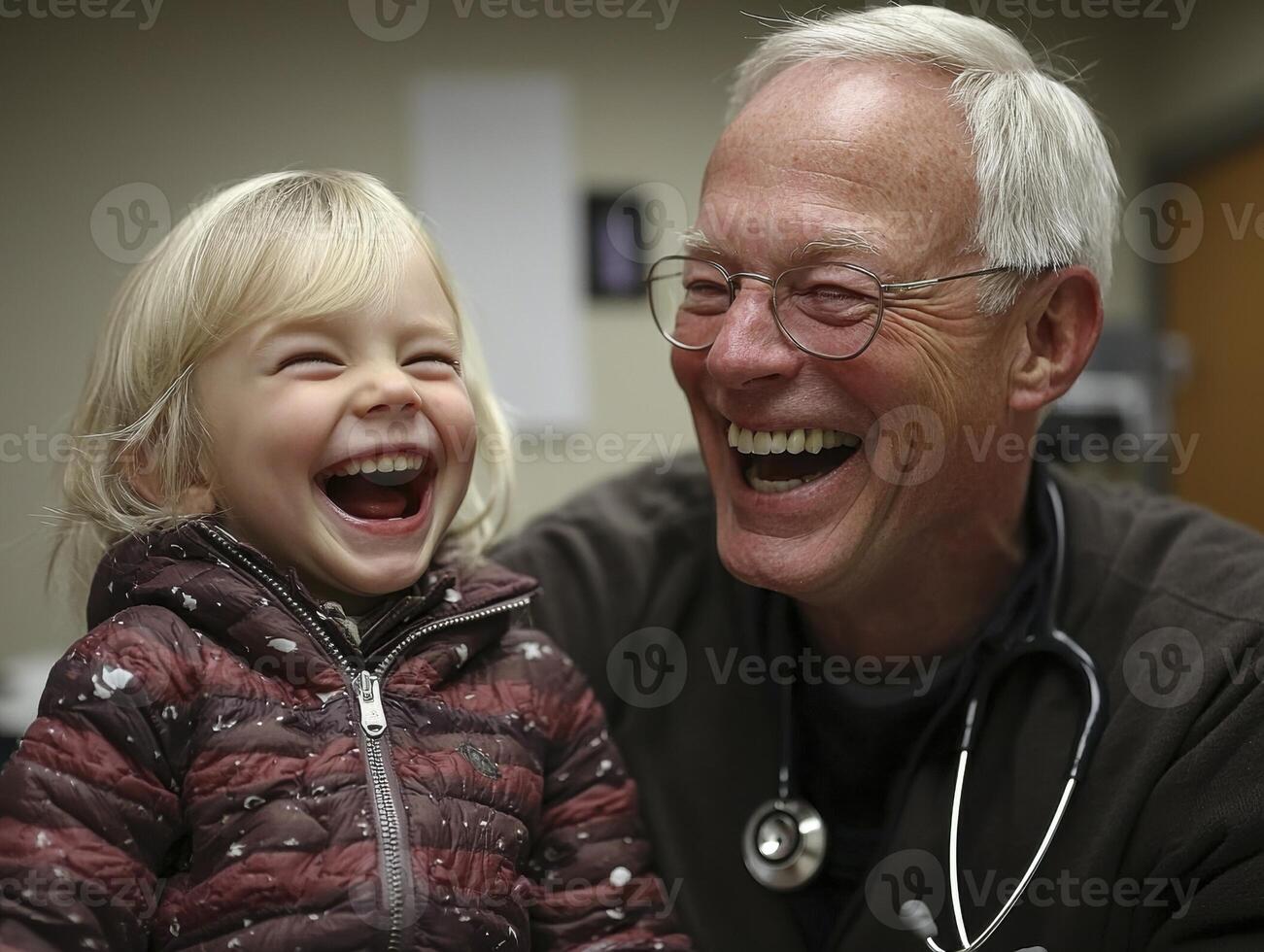 In a heartwarming display of medical compassion, a kind doctor brings joy to a young patient during a routine check-up, sharing a lighthearted moment filled with infectious laughter and genuine photo