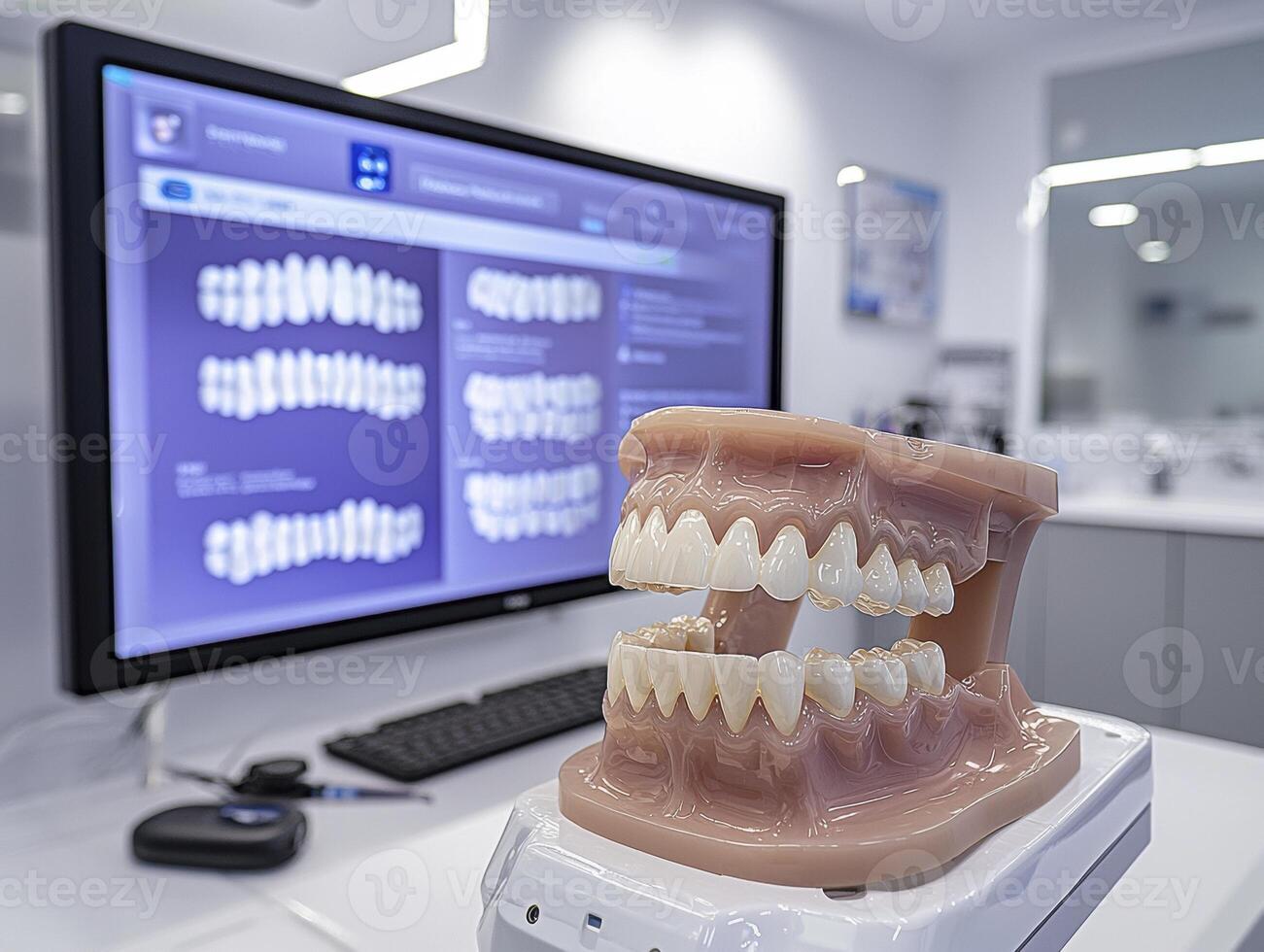 In a modern dental clinic, an educational session on preventive dentistry unfolds A digital screen displays an illustrated diagram, enhancing the learning experience The scene is set with a focus on photo