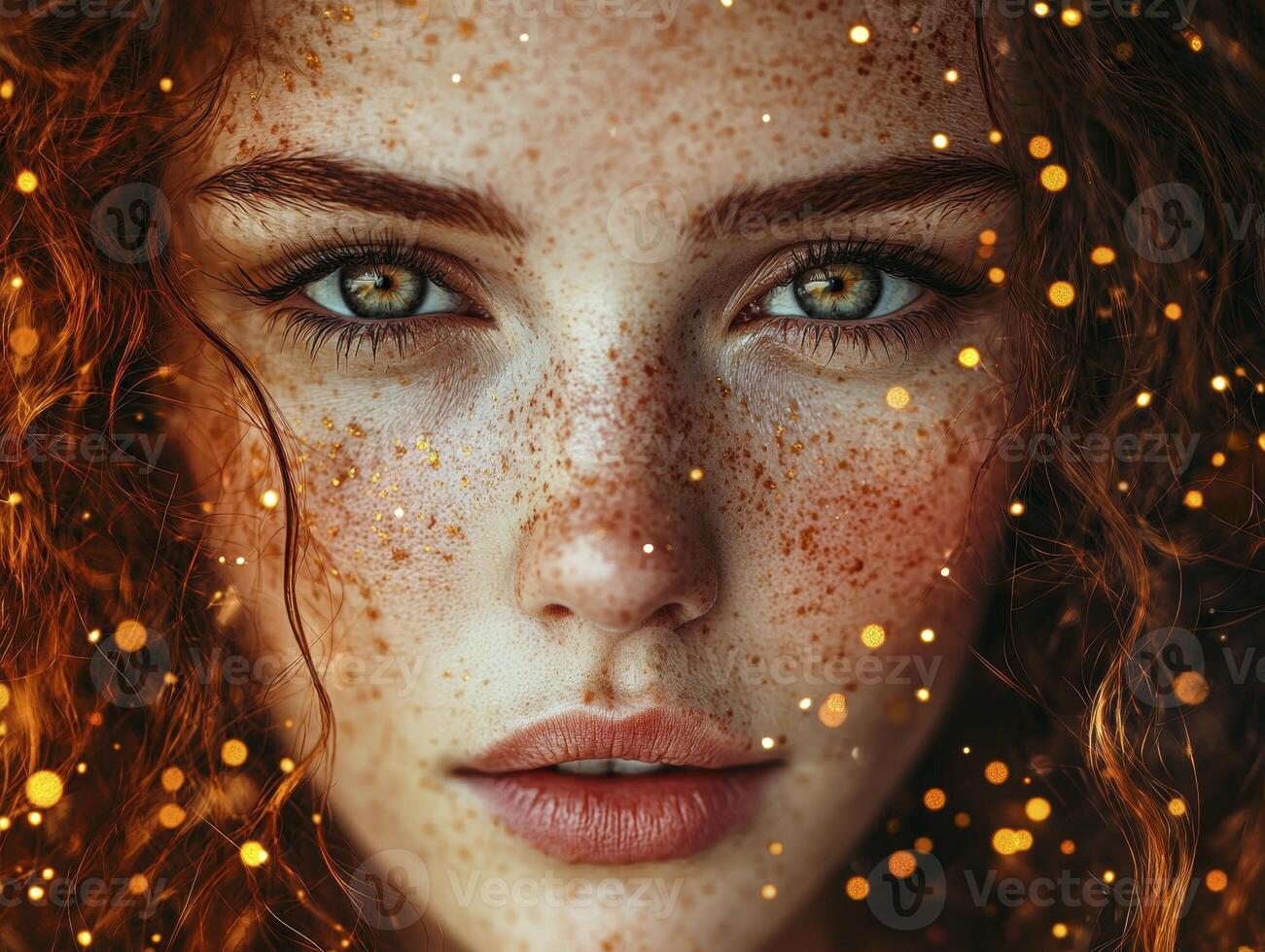 In a mystical embrace, a radiant woman with enchanting curly hair becomes the subject of a photograph The soft bokeh lights dance around her, creating an aura of otherworldly charm Her freckled skin photo
