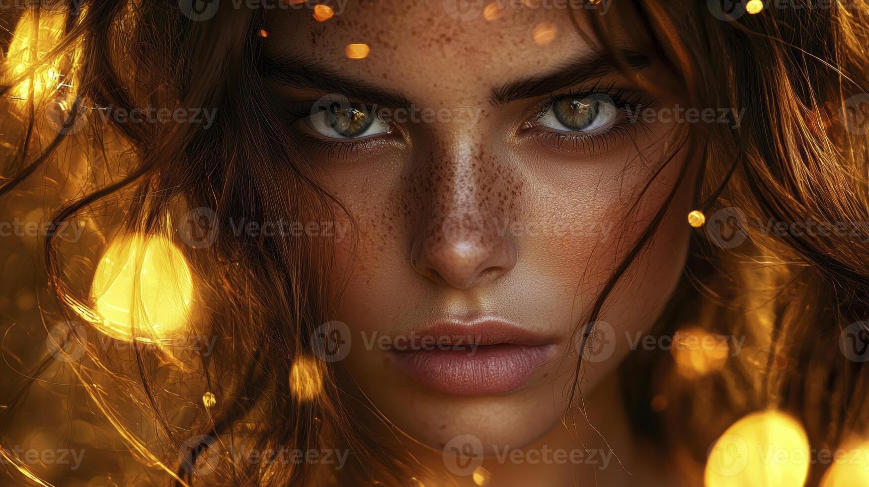 In a realm of enchanting artistry, a portrait unveils a woman's radiant spirit, bathed in the gentle embrace of bokeh's warm glow Light dances playfully, illuminating her features, casting an photo
