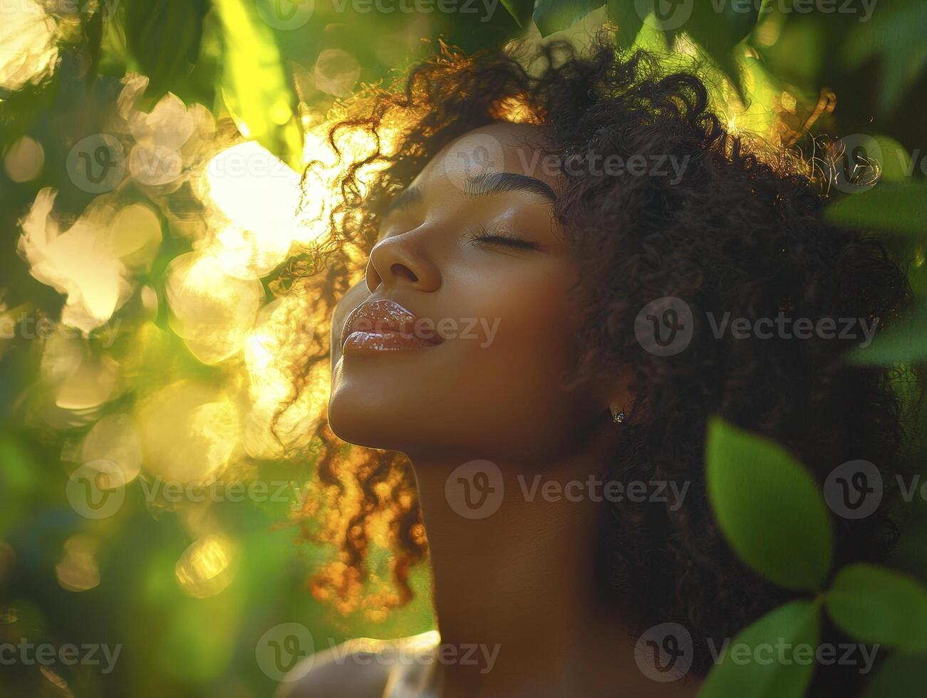 In a realm where dreams dance with reality, a portrait of radiant joy unfolds A beautiful woman, her curly hair a cascade of sun-kissed ebony, is captured amidst a symphony of glowing bokeh lights photo