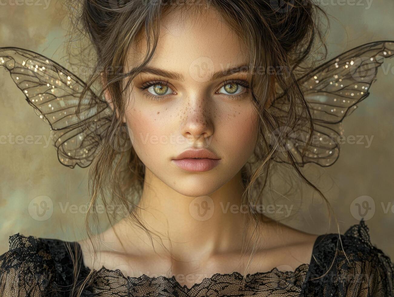 In a realm where dreams take flight, a portrait emerges, unveiling a woman adorned with the gossamer touch of delicate fairy wings Her countenance radiates a soft, enchanted glow, casting a spell of photo