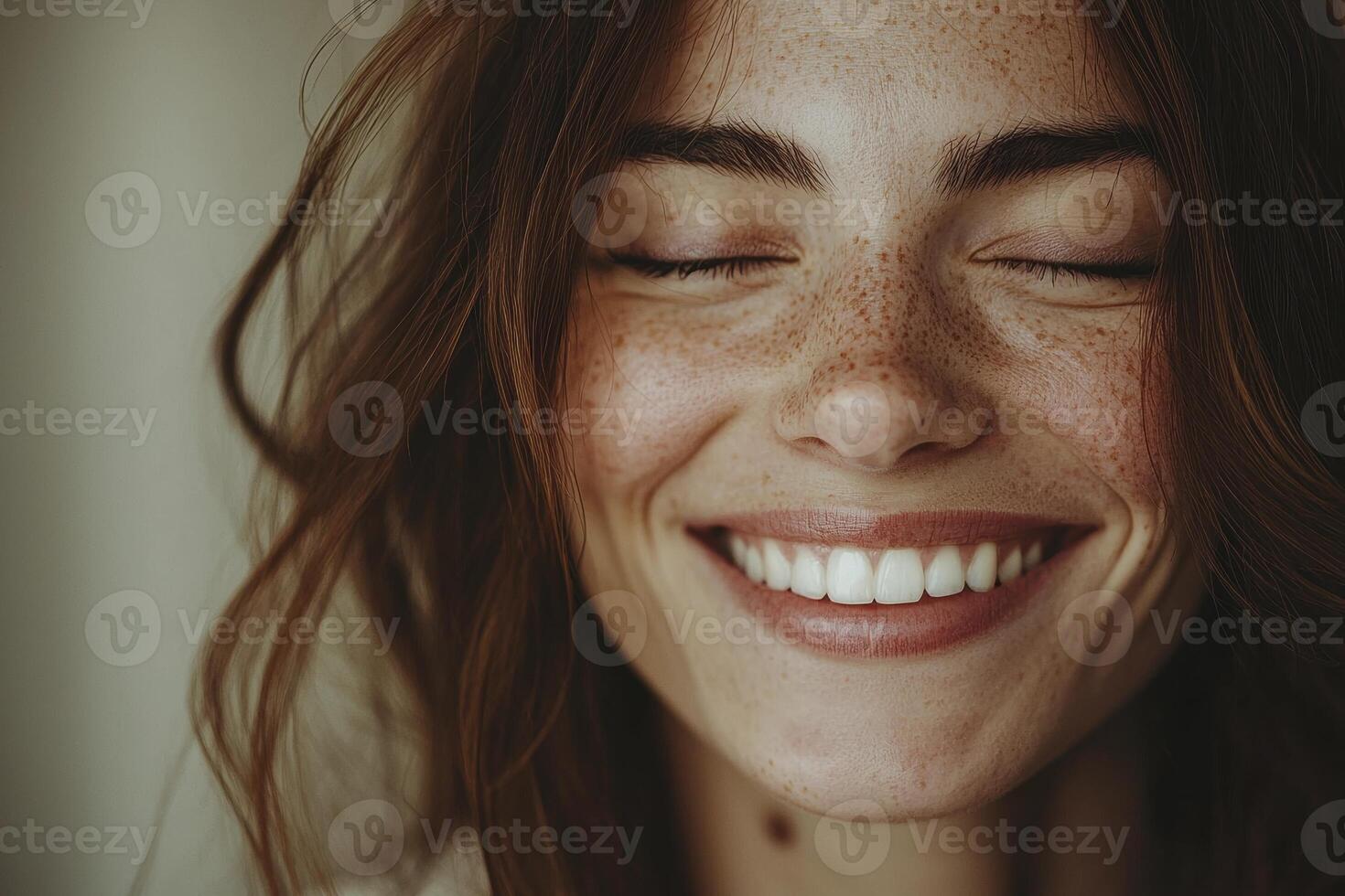 In a realm where happiness dances freely, behold the captivating portrait of a womanradiating pure joy Her eyes, closed in peaceful contentment, mirror the serenity within A gentle smile graces her photo