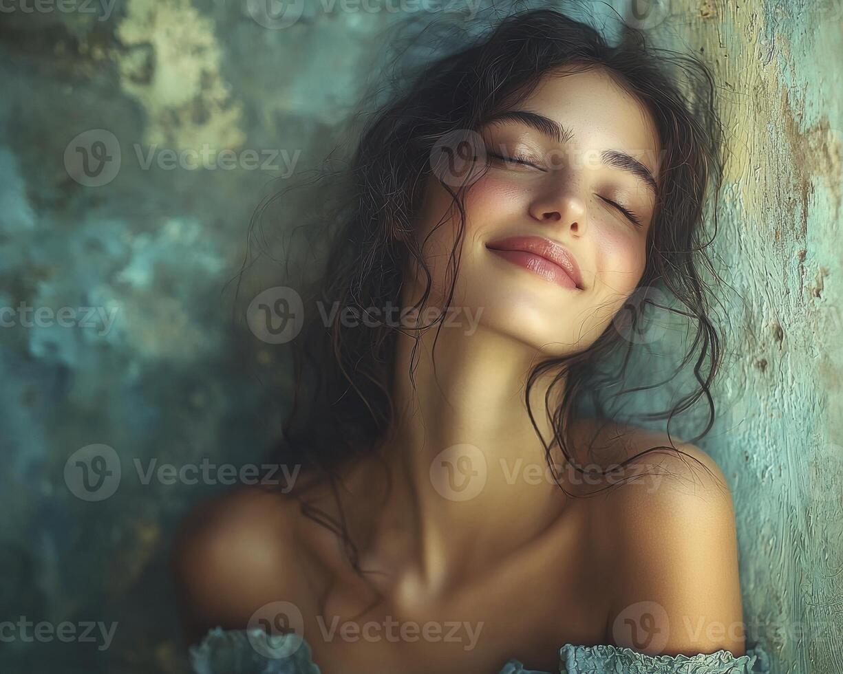 In a serene moment, a woman with cascading curly hair radiates happiness, bathed in a soft, ethereal glow The gentle bokeh effect enhances the magical atmosphere, casting a dreamy spell around her photo