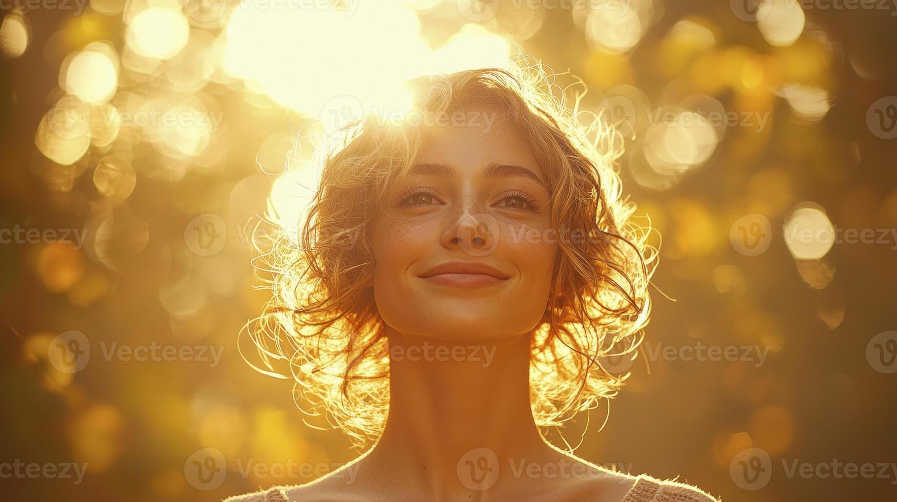 In a sun-drenched meadow, bathed in the golden hour's embrace, a woman with curly hair stands serene, her visage illuminated by a gentle, ethereal glow Light dances through her tresses, creating a photo
