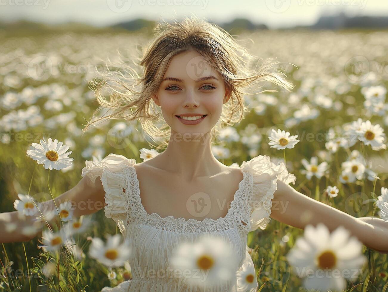 In a sun-kissed meadow, a woman embodies pure freedom, her laughter echoing through the wildflowers Arms outstretched, she embraces the golden hour, each stride a testament to the joy of simply being photo