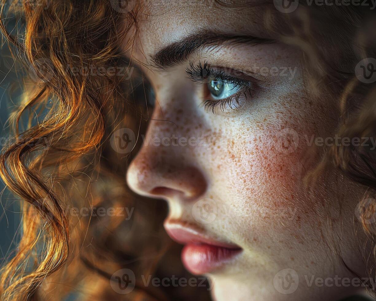 In a symphony of light and shadow, a curly-haired woman emerges, her visage painted with the delicate strokes of a dream The soft bokeh whispers secrets in the background, while the magical light photo