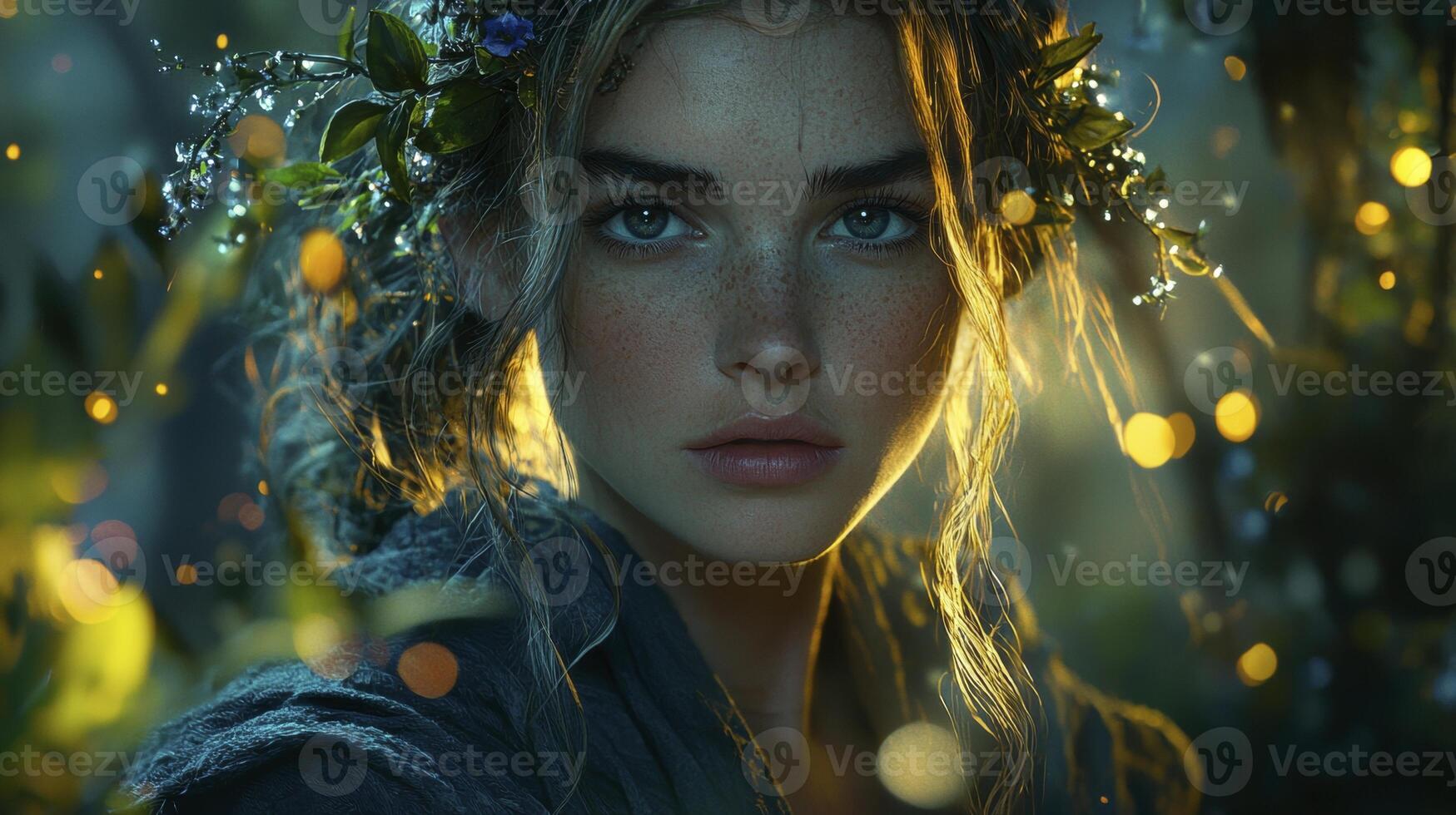 In realms of arcane beauty, a sorceress reigns, her presence a symphony of enchantment Vines, shimmering like stardust, intertwine within her flowing hair, a crown of nature's magic Her gaze, a photo